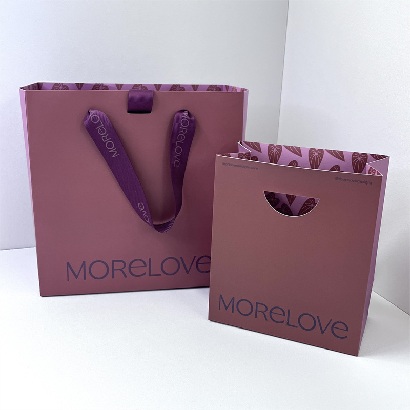 Mauve Printed Paper Bag with Satin Ribbon Handles